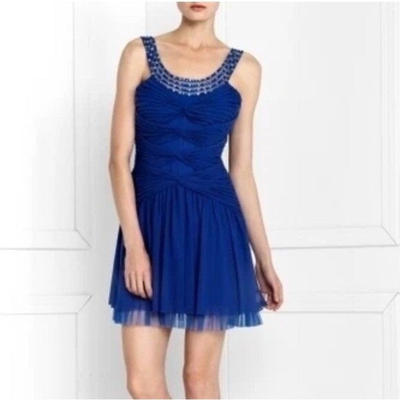 NEW BCBGMAXAZRIA BLUE SAPPHIRE BEADED TULLE DRESS BXZ6L078/M805A SIZE XS - Picture 2 of 8